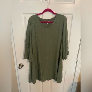 Cato’s Olive Green Eyelet Boho Prairie Bell Sleeve Dress